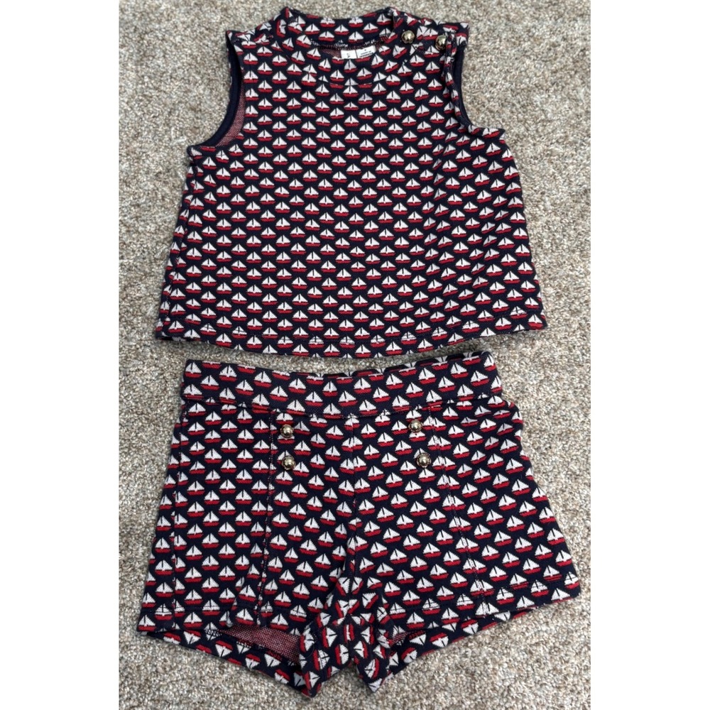 Janie and Jack Shorts Set Sailboat Nautical Knit 2pc Girls Size 3 Navy Blue Red